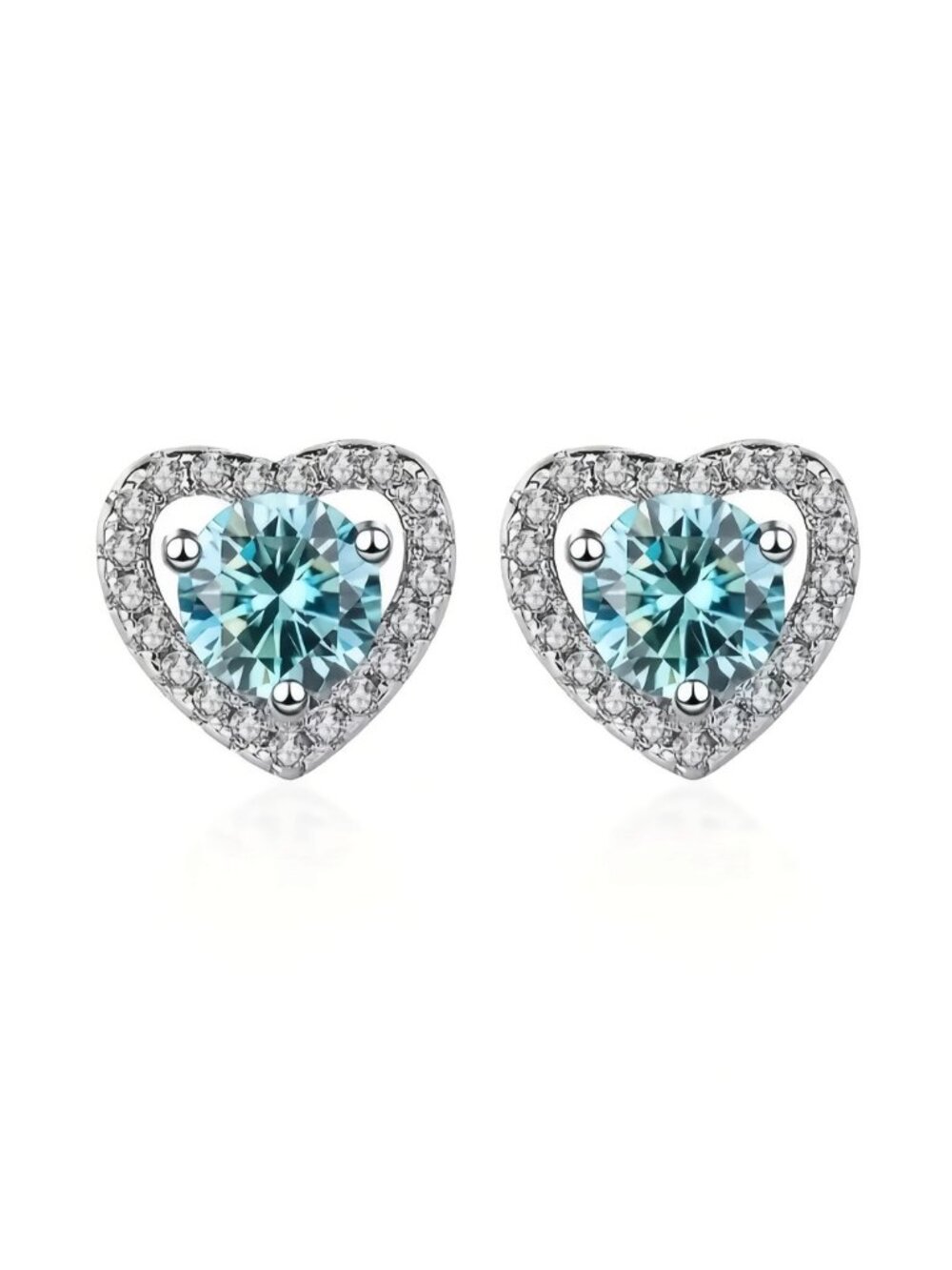 NWT Certified 1 ctw each Moissanite Blue Diamond Heart Halo Stud Earrings